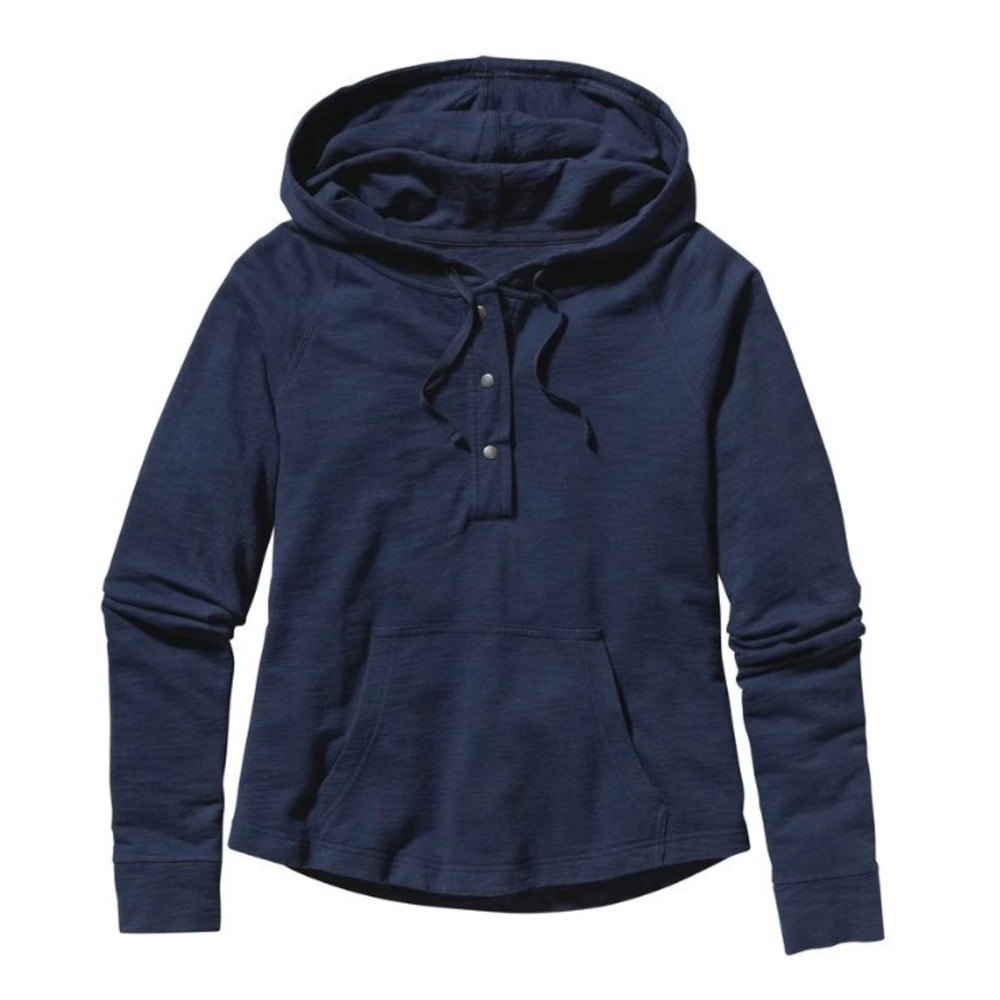 Patagonia Women Necessity Terry Hooded Pullover XS Navy Blue Cotton Blend Henley